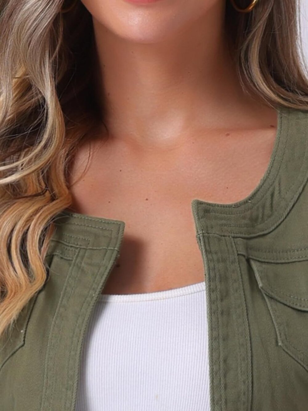 〽️Women’s Army Green Denim Cardigan | Short Cropped Jean Jacket with 3/4 Sleeves - Picture 5 of 5